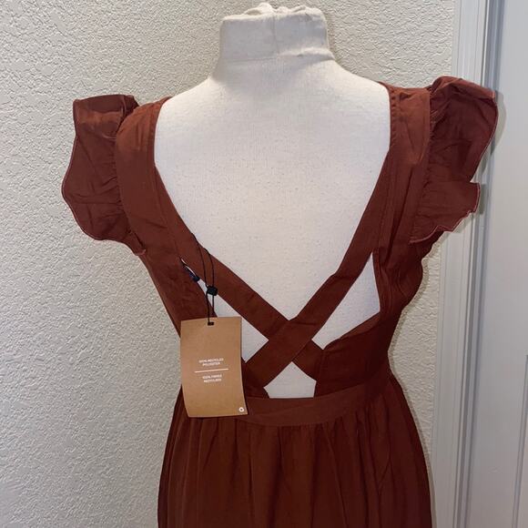 Vero Moda Odette Brown Ruffle Calf Dress NWT Sz M Women’s Polyester Tie Back - Picture 5 of 15